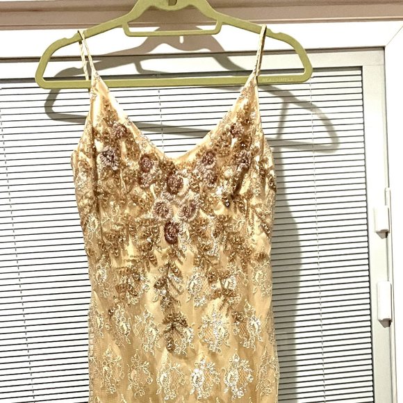 Champagne Beaded Embroidered Formal Dress with Lace Overlay - Picture 2 of 7